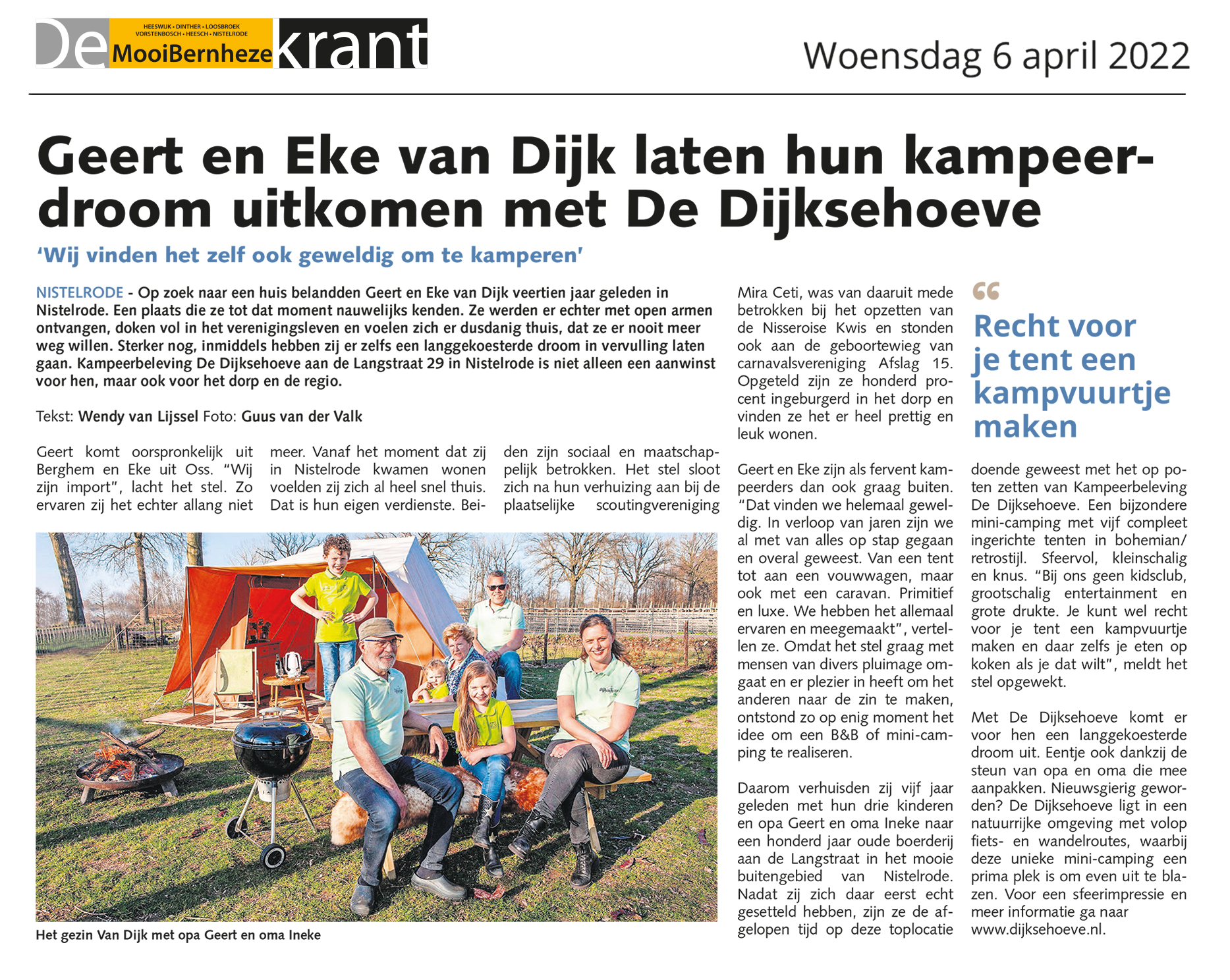MooiBernheze krant, artikel, Geert en Eke van Dijk, droom, Dijksehoeve, kampvuurtje